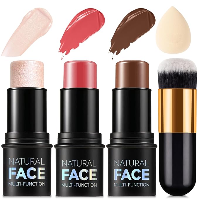 3 Pcs Contour Stick, Highlighter Stick, Blush Stick, Cream Contour Kit with Contour Brush, Create Face Contour, Non-greasy, Waterproof Long-lasting Effect for Women (2+5+6,LIGHT MEDIUM)-FemmiqueWomen