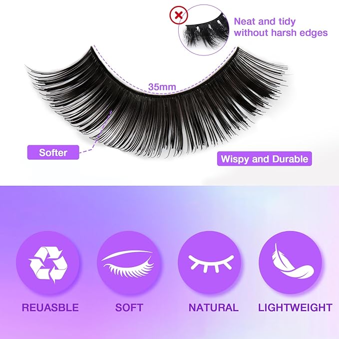 Fluffy False Eyelashes Kit With Bond, Seal and Tweezer, 7 Pairs Natural Look Fake Cat Eye Lashes Strips Thin Band Extensions Waterproof Easy Eyelashes for Beginners DF100-FemmiqueWomen