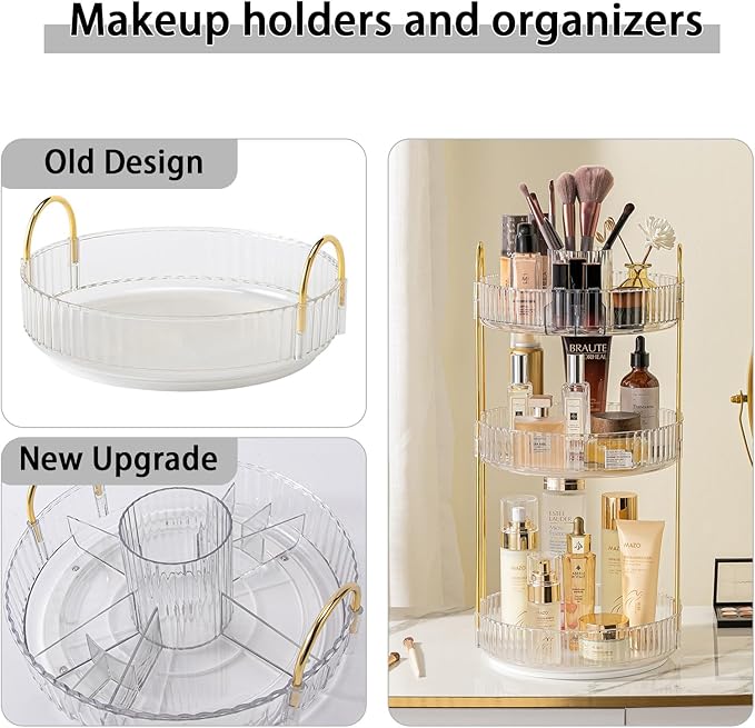 Rotating Makeup Organizer for Vanity, High-Capacity Skincare Clear Make Up Storage Perfume Organizers Cosmetic Dresser Organizer Countertop 360 Spinning (Clear, New-3 Tier)-FemmiqueWomen