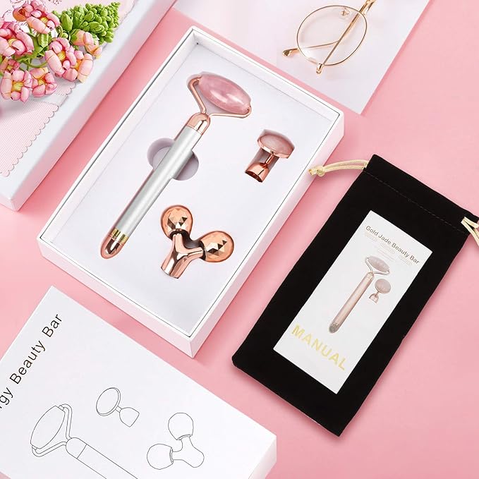 3-IN-1 Electric Jade Roller 3D Roller Facial Roller & Face Massager, Rose Quartz-FemmiqueWomen