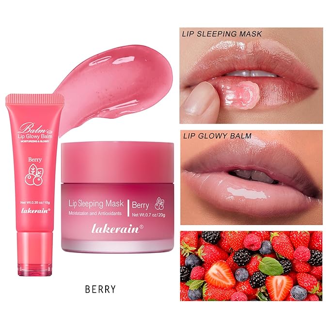 2Pcs Lip Glowy Balm and Lip Sleeping Mask Set, with 4 Flavor Options - Reduce Lip Lines, Enhance Lip Color, Hydrate & Plump Dry Chapped Lips Care (Berry)-FemmiqueWomen