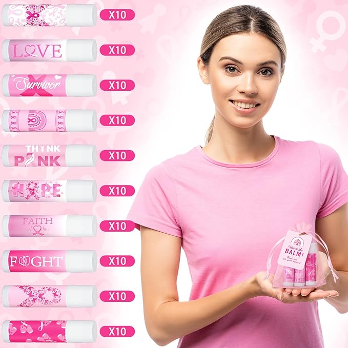 100 Set Pink Ribbon Breast Cancer Awareness Gifts Bulk, 100 Lip Balms, 100 Organza Gift Bags and 100 Tags Perfect for Charity Events, Survivors Awareness Campaigns-FemmiqueWomen