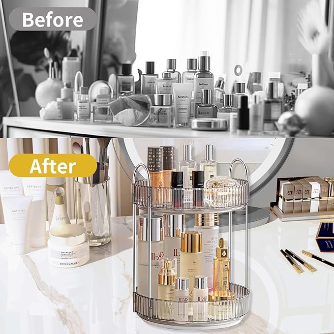 360 Rotating Makeup Organizer for Vanity,Bathroom Countertop Organizer,Spinning Perfume Organizer&Vanity Organizer(Grey-2 Tier)-FemmiqueWomen