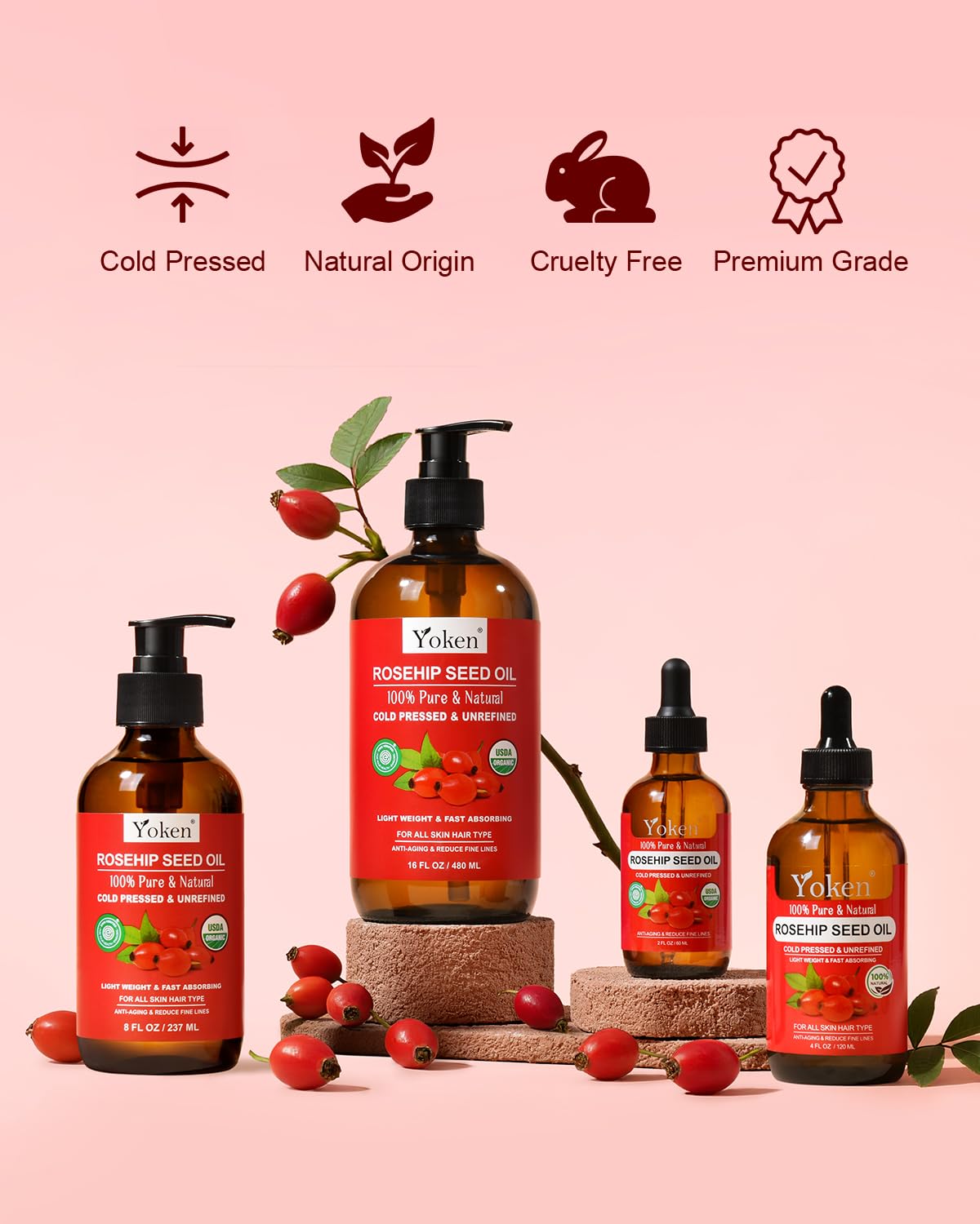 Organic Rosehip Seed Oil, USDA 100% Pure Rosehip Oils for Face, Hair & Body, Large Glass Bottle 16 fl oz Cold Pressed Rose Hip Oil for Skin Care, Moisturizing, Massage, Gua Sha & DIY Blends-FemmiqueWomen