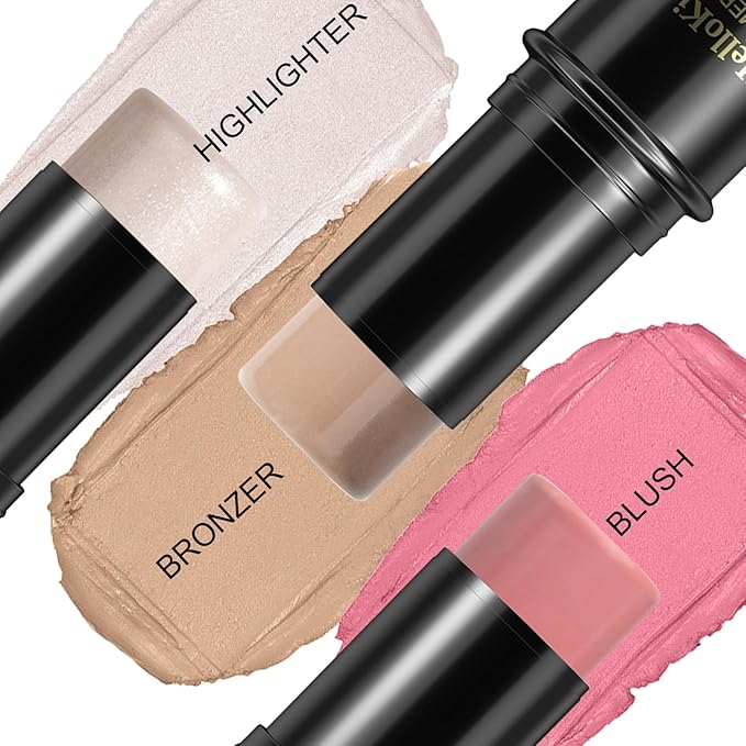 3 Pcs Face Contour Stick Kit, Matte Finish Face Stick Trio with Bronzer Blush Highlighter and Brush, Long Lasting Waterproof Cream Beauty Wand Makeup Set for Sculpt Glowing Face Look (#1, 8, 13)-FemmiqueWomen