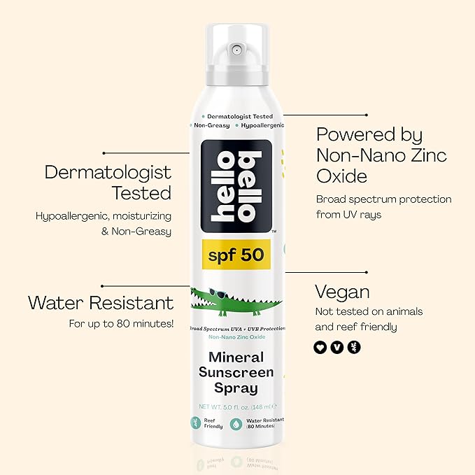 Hello Bello SPF 50 Kids Mineral Sunscreen Spray, Hypoallergenic Broad Spectrum UVA and UVB Protection, Reef Friendly and Water Resistant, 5 oz-FemmiqueWomen