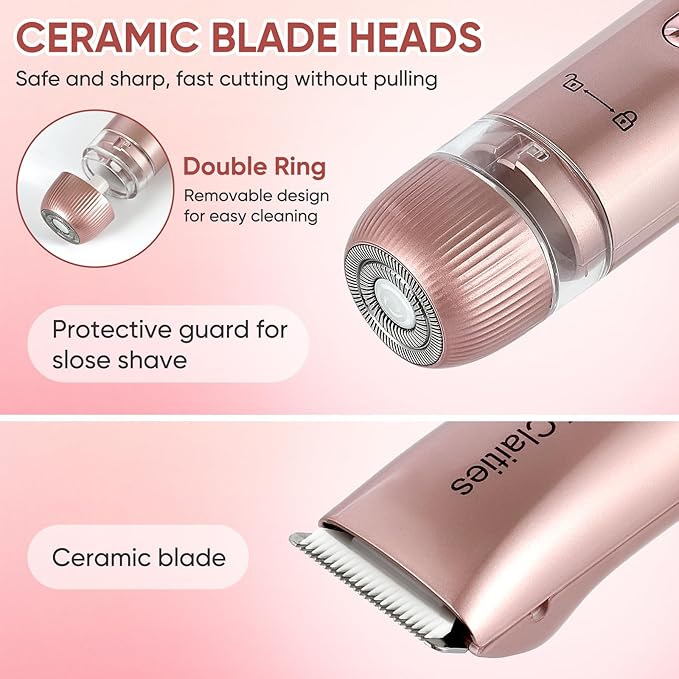 2 in 1 Women Electric Shaver Dual Head Bikini Trimmer for Women IPX7 Waterproof Wet & Dry Use Body Hair Trimmer and Facial Hair Remover for Bikini Underarm Leg Arm Body Face-FemmiqueWomen