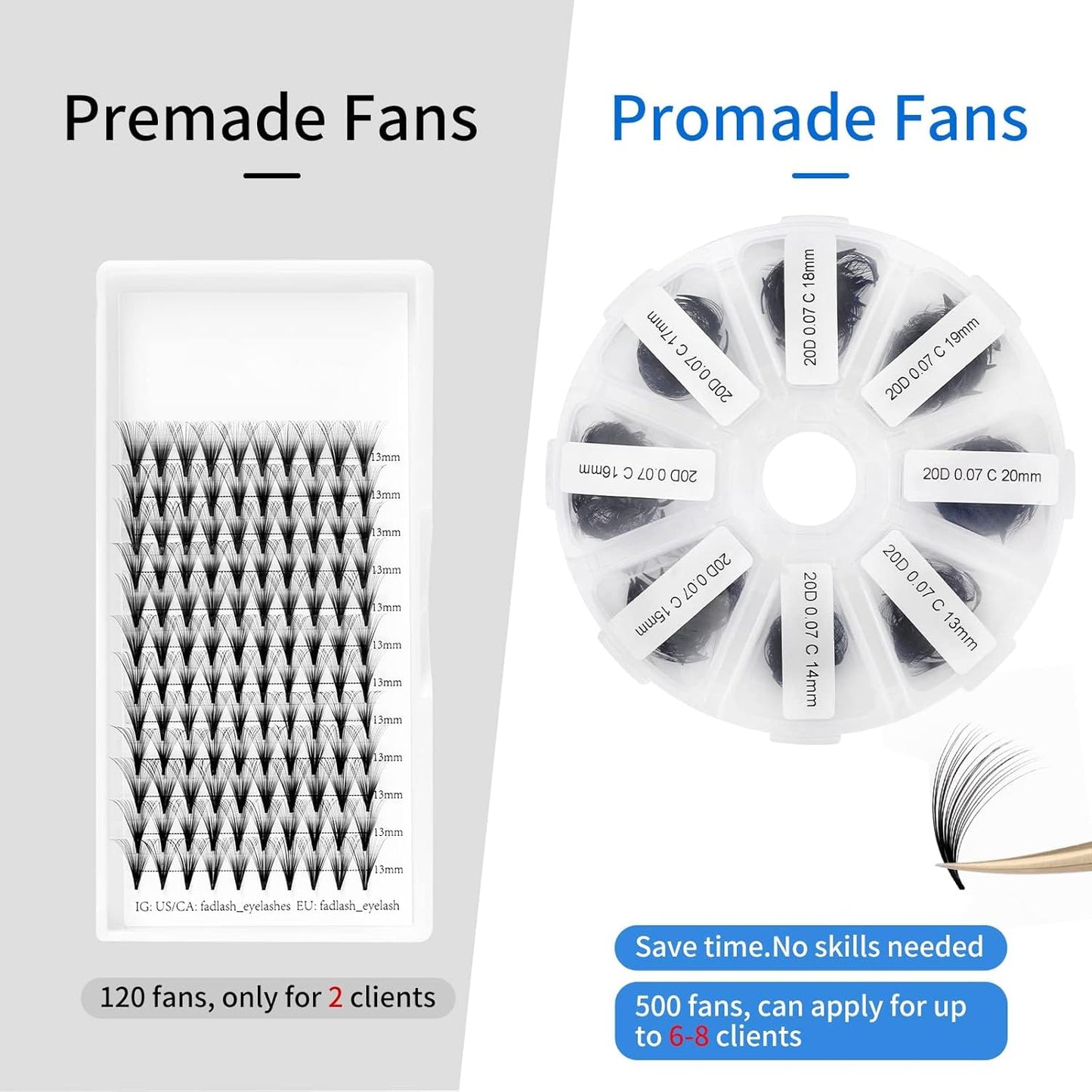 Premade Fans Eyelash Extension 500 Fans 20P Loose Volume Lashes D Curl Pre-made Fans 9-16mm-FemmiqueWomen