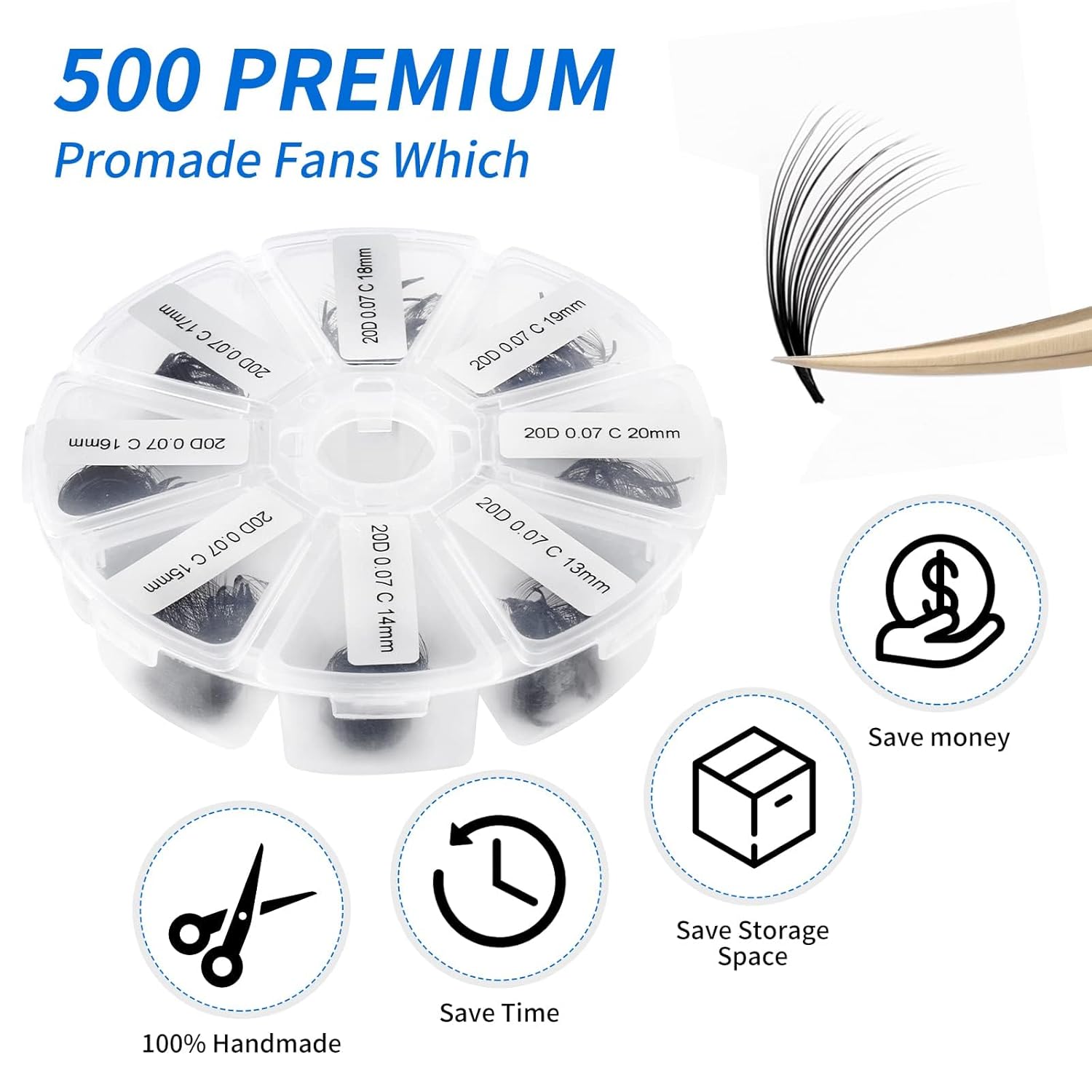 Premade Fans for Lash Extension: 20P, Wendy, Handmade Fans, Pre-made, For Lash-Artists, D, 9-16mm-FemmiqueWomen