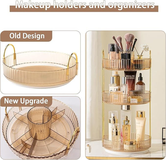 Rotating Makeup Organizer for Vanity, High-Capacity Skincare Clear Make Up Storage Perfume Organizers Cosmetic Dresser Organizer Countertop 360 Spinning (Gold, New-3 Tier)-FemmiqueWomen