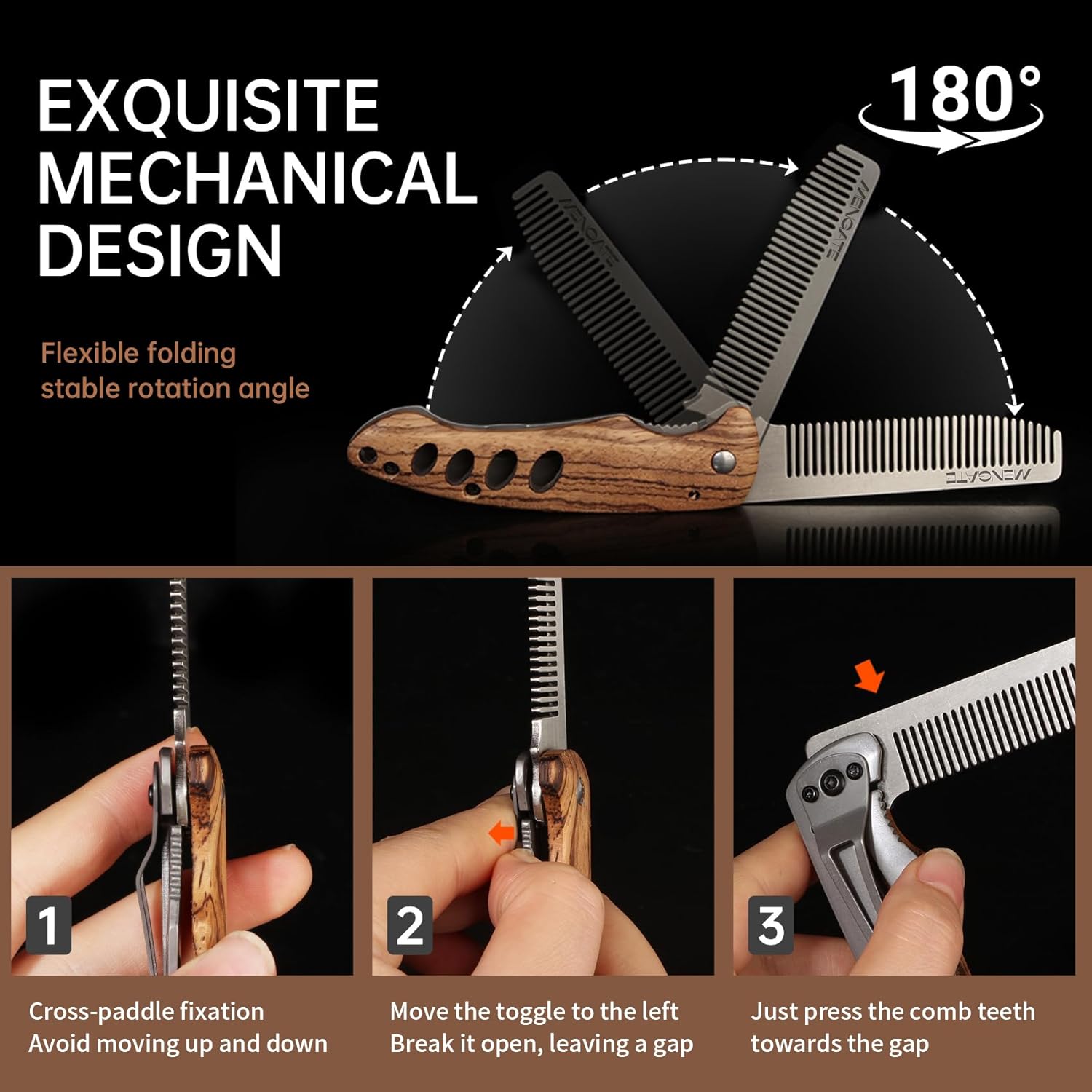 1PC Folding Pocket Beard & Hair Comb for Men - Stainless Steel Tactical Grooming Tool with Wooden Handle, EDC Pocket Comb with 180° Rotatable for Travel & Daily Styling-FemmiqueWomen