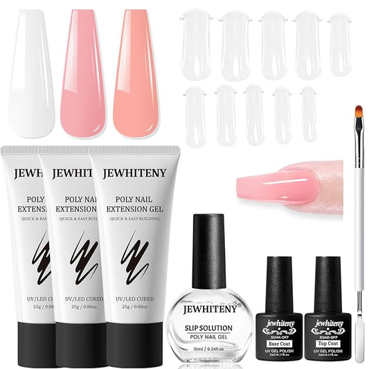 JEWHITENY Poly Nail Gel Set Clear Pink White Neutral Classic Color Poly Extension Gel With Base and Top Coat Slip Solution French Manicure for Home DIY Need U V Lamp Curing-FemmiqueWomen