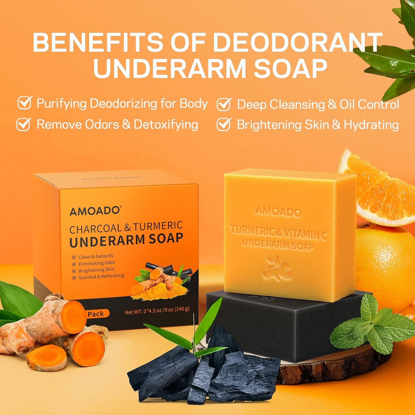 Armpit Detox Soap Set, Underarm Brightening Deodorant Soaps for Dark Armpit Remover, Eliminate Odor, Natural Turmeric Bar with VC, Charcoal Soap with Mint - included Sisal Mesh Bag-FemmiqueWomen
