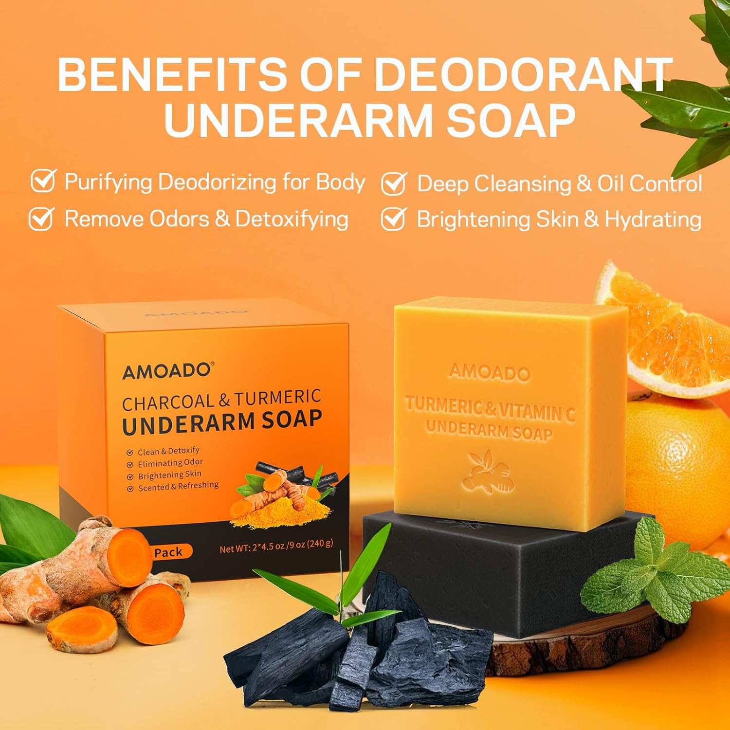 Armpit Detox Soap Set, Underarm Brightening Deodorant Soaps for Dark Armpit Remover, Eliminate Odor, Natural Turmeric Bar with VC, Charcoal Soap with Mint - included Sisal Mesh Bag-FemmiqueWomen