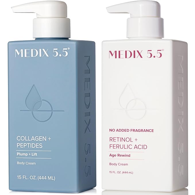 MEDIX Fragrance Free Firming Retinol Body Lotion + Collagen Peptides Cream 2pc Skincare Set | Crepey Skin Treatment | Anti Aging Body Cream & Face Moisturizer For Crepe Skin, Cellulite, & Wrinkles-FemmiqueWomen