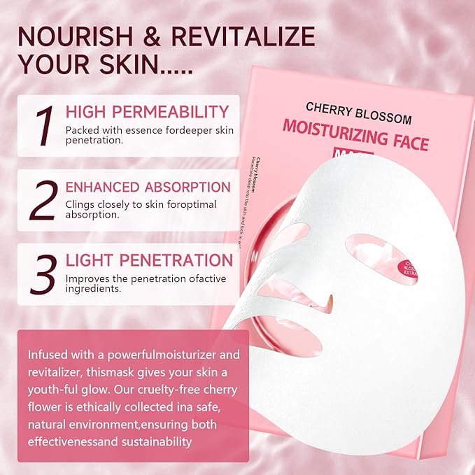 5 Pack Sheets Face Masks Skincare For All Skin Types, Cherry Facial Sheet Masks, Hydrating Facial Sheets Mask for Firming, Sheet Mask with Cherry Blossom Face Mask for Glowing Skin-FemmiqueWomen