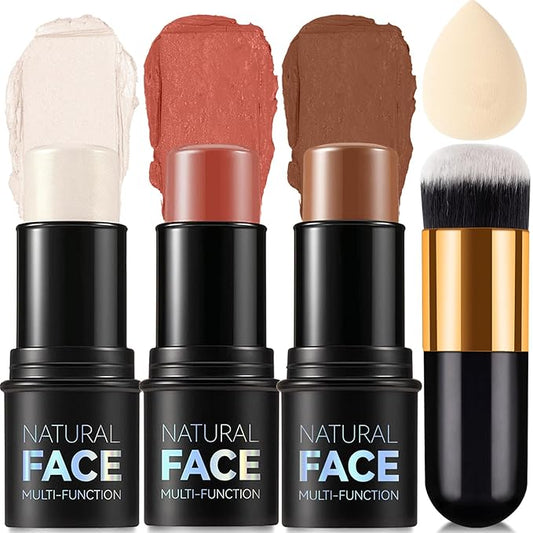 3 Colors Cream Contour Stick, Shades with Highlighter Stick,Blush Stick and Bronzer Contour Stick for Sculpt the Cheeks,Long Lasting,Waterproof,Matte & Dewy Finish for Women (FAIR(7+9+11))-FemmiqueWomen