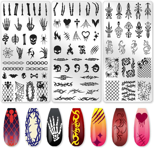 3Pcs Bone Skull Nail Stamping Plate Set Halloween Skeleton Gothic Nail Stamp Templates Cobweb Bat Thorns Metal Reusable Tools with Stamper Scraper for Manicure Printing-FemmiqueWomen