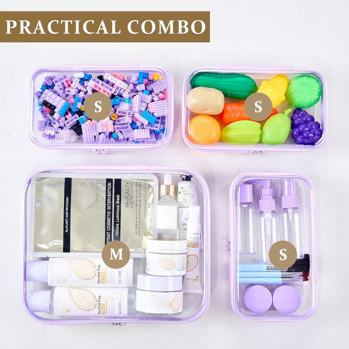 4 pcs Clear Zipper Pouches,Hard Shell Zipper Case, Toiletry Bag for Travel, CLear Diaper Bag, Toiletry Pouch, Travel Organizer, Clear Cosmetic Bag,Toy Storage Bins (M+3S) (Lavender)-FemmiqueWomen