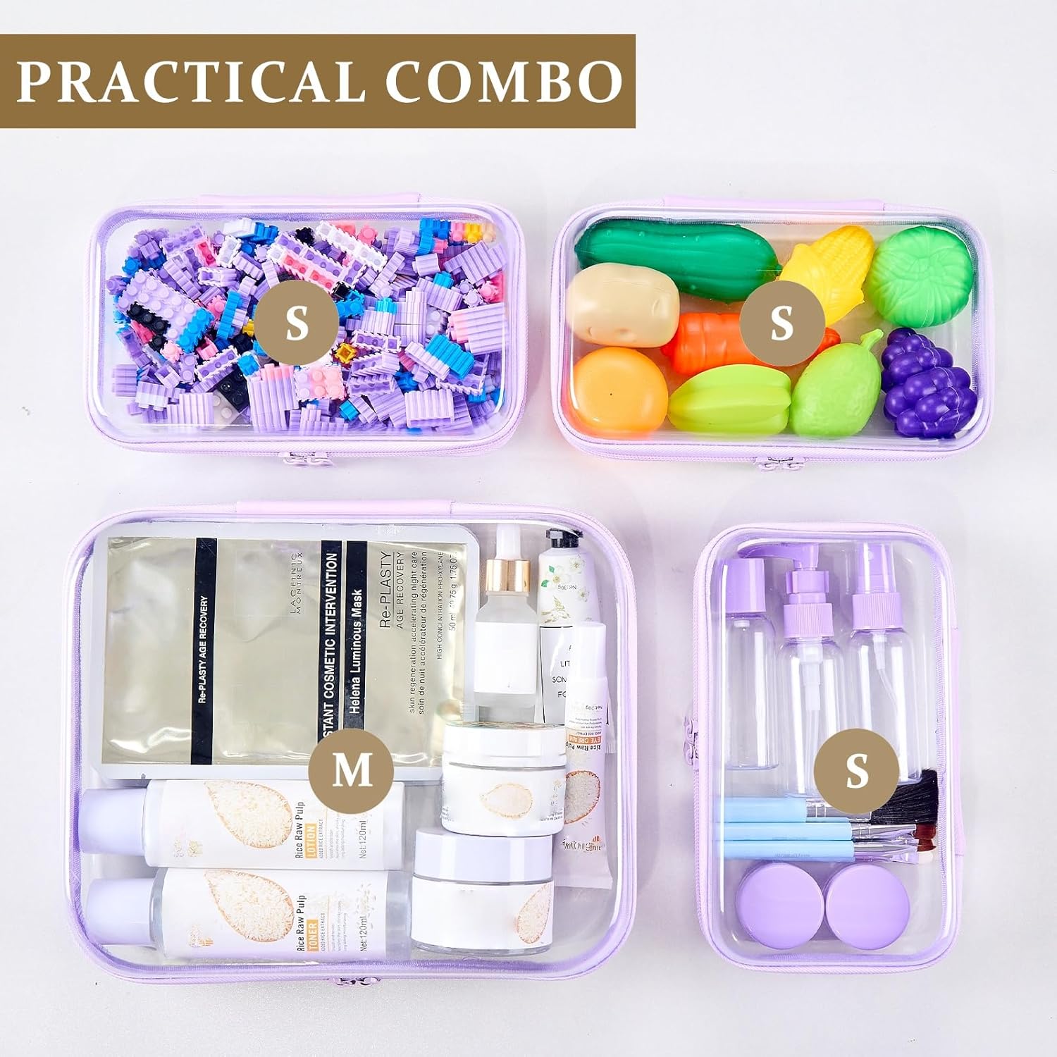 4 pcs Clear Zipper Pouches,Hard Shell Zipper Case, Toiletry Bag for Travel, CLear Diaper Bag, Toiletry Pouch, Travel Organizer, Clear Cosmetic Bag,Toy Storage Bins (M+3S) (Lavender)-FemmiqueWomen