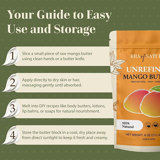 era of nature Organic Unrefined Raw Mango Body Butter Block 8oz - Moisturizing Mango Seed Raw Butter Bar for Skin & Hair, DIY Lip Balm Base, Cream, Soap & Lotion Making Supplies Kit, Personal Skincare-FemmiqueWomen
