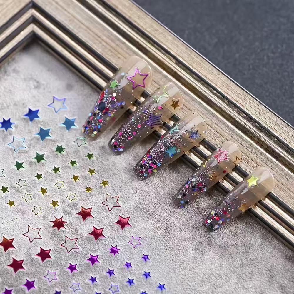 12 Sheets Stars Nails Stickers 3D Self Adhesive Nail Decals Stars Nail Design Shiny Starlight DIY Transfer Decal Colorful Star Nail Tip Sticker Pentagram Glitter Manicure Decoration-FemmiqueWomen