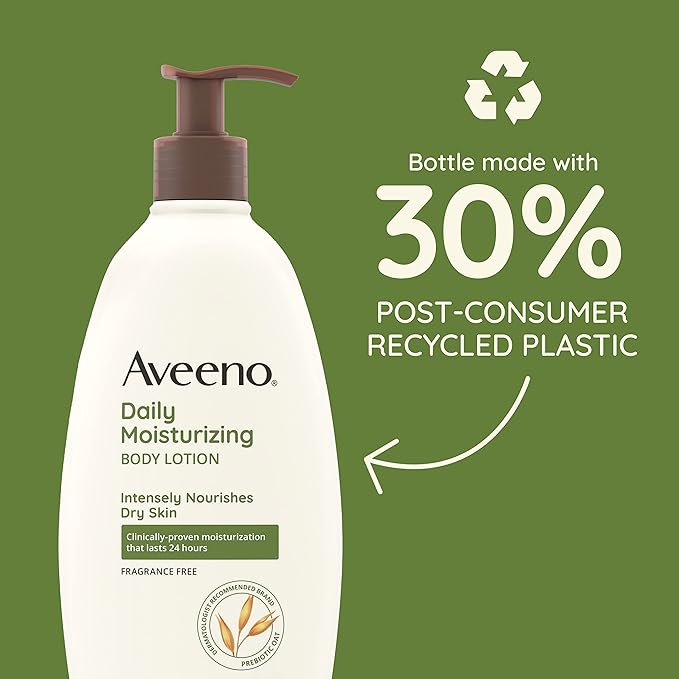 Aveeno Daily Moisturizing Body Lotion with Soothing Prebiotic Oat, Gentle Lotion Nourishes Dry Skin With Moisture, Paraben-, Dye- & Fragrance-Free, Non-Greasy & Non-Comedogenic, 12 fl. Oz-FemmiqueWomen