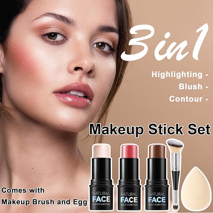 3Pcs Cream Contour Stick Makeup Kit, Shades with Highlighter Stick, Blush Stick and Bronzer Contour Stick for Sculpt the Cheeks, Long Lasting, Waterproof, Matte & Dewy Finish (LIGHT MEDIUM)-FemmiqueWomen