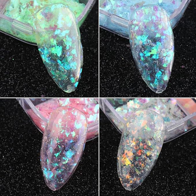 12 Colors Holographic Nail Art Glitter Sequins Aurora Holographic Mermaid Nail Glitter Flash Ice Residue Nail Glitter Sequin Chameleon Flakes Set Fluorescent Glass Paper for Face Body DIY Decoration-FemmiqueWomen