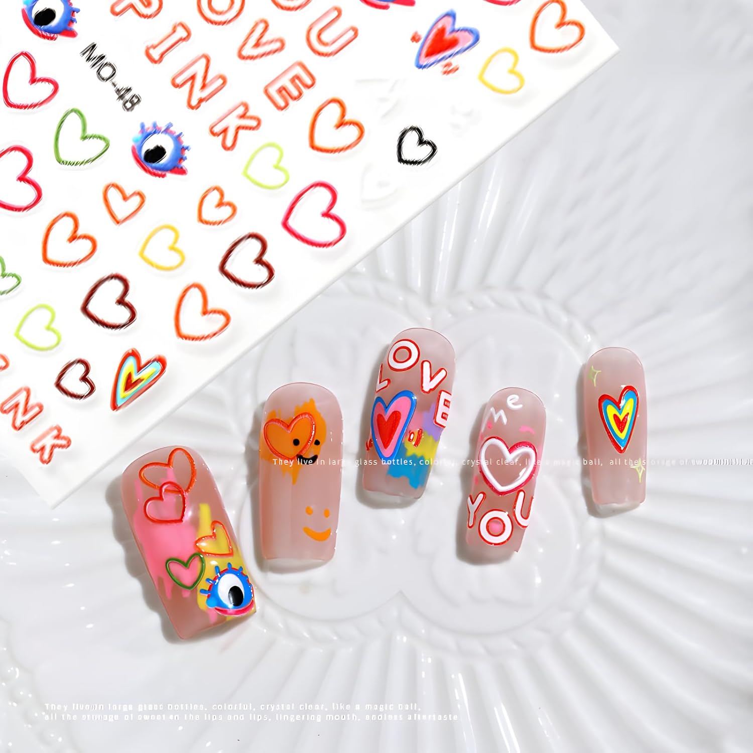 3 Sheets Valentine's Nail Stickers - 5D Embossed Heart Nail Decals for Valentine's Day - Cute Colorful Heart Design for Women & Girls-FemmiqueWomen