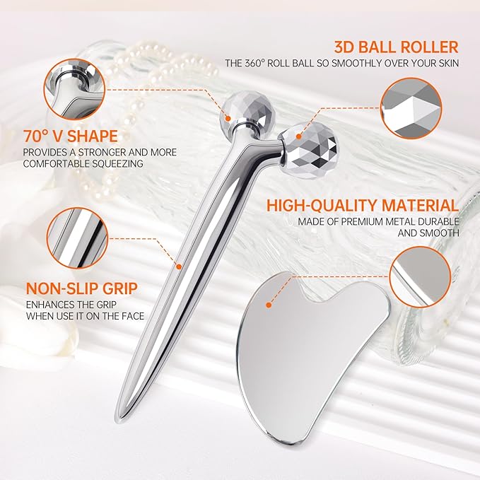 3D Gua Sha Facial Tools Metal Face Roller Stainless Steel Gua Sha Set Cooling Massage Tools for Reduce Puffiness, Firm Skin, Anti-Aging Care - Daily Facial Sculpting Gift for Women-FemmiqueWomen
