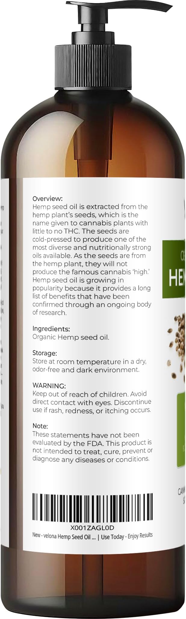 velona Hemp Seed Oil USDA Certified Organic - 16 Fl Oz | 100% Pure and Natural Carrier Oil | Unrefined, Cold Pressed | Hair, Body, Face & Skin Care-FemmiqueWomen