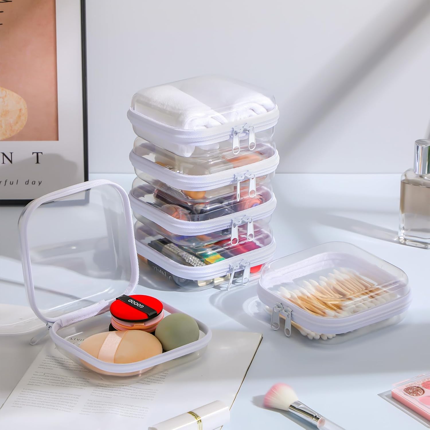 Sanwuta 6 Pcs Clear Hard Zipper Case Pencil Pouches Hard Plastic Zipper Pouches Makeup Bag Transparent Cases for Snacks Plastic Storage Organizer Box for Travel(White,5 x 5 x 2 Inch)-FemmiqueWomen