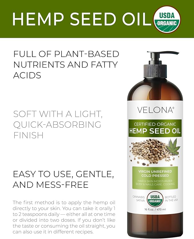 velona Hemp Seed Oil USDA Certified Organic - 16 Fl Oz | 100% Pure and Natural Carrier Oil | Unrefined, Cold Pressed | Hair, Body, Face & Skin Care-FemmiqueWomen