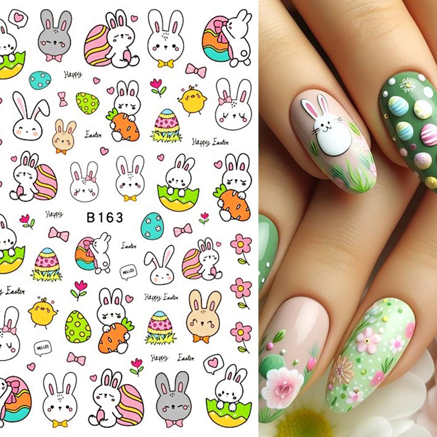 12 Sheets Easter Nail Art Stickers 3D Self Adhesive Cute Bunny Nail Stickers for Nail Art Colorful Egg Nail Decals Easter Nail Supplies for Women Girls-FemmiqueWomen
