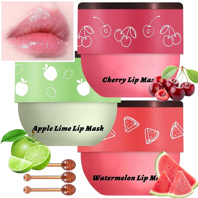 3 Pcs Bee Lip Balm Honey Pot, Cherry Watermelon Apple Lip Mask Overnight, Moisturizing Lip Sleeping Mask, Hydrate Repair Prevent Dry Cracked Lip Exfoliator Lip Care (Cherry+Watermelon+Apple Lime)-FemmiqueWomen