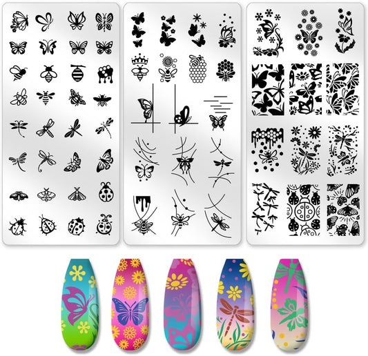 3Pcs Butterfly Dragonfly Nail Stamping Plate Bees Moth Nail Stamping Templates French Tip Art Stamp Plates Stainless Steel DIY Reusable Tools for Manicure Printing-FemmiqueWomen