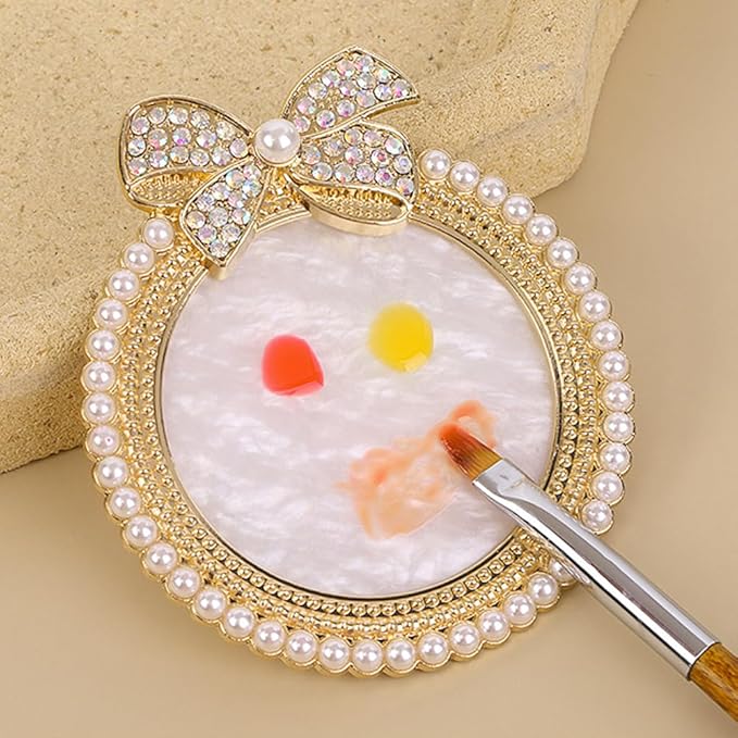 2 Pack Bow with Rhinestones Pearl Nail Art Palette Nail Polish Art Painting Mixing Palette Holder Pearl Edge Professional Cosmetic Nail Art Tools for Women and Girls Nail Polish Display-FemmiqueWomen