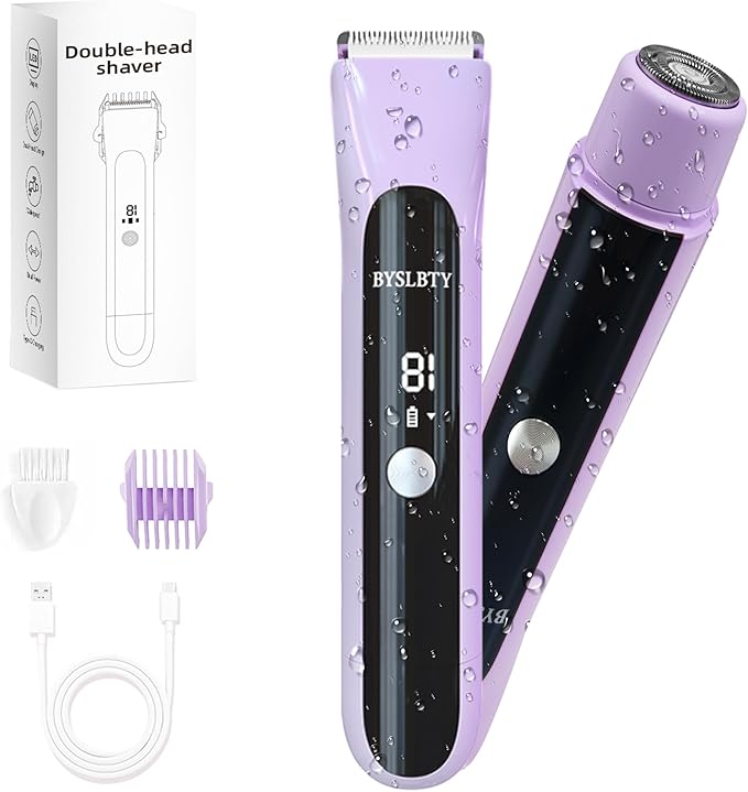 2 in 1 Bikini Trimmer for Women Dual Head Electric Shaver with LED Display,IPX7 Waterproof Wet & Dry, Painless Shaver for Underarm Leg Arm Body Face Private Area Purple-FemmiqueWomen