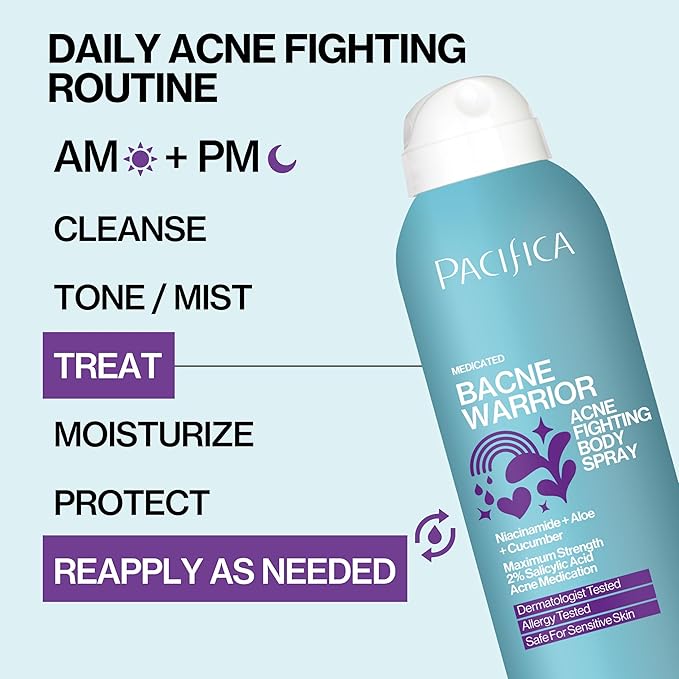 Pacifica Bacne Acne Cleanser Spray - Bacne Warrior - Body Spray for Acne Treatment - w/ 2% Salicylic Acid Niacinamide & Aloe - for Body, Chest & Back Acne for Teens & Adults Vegan Dermatologist Tested-FemmiqueWomen
