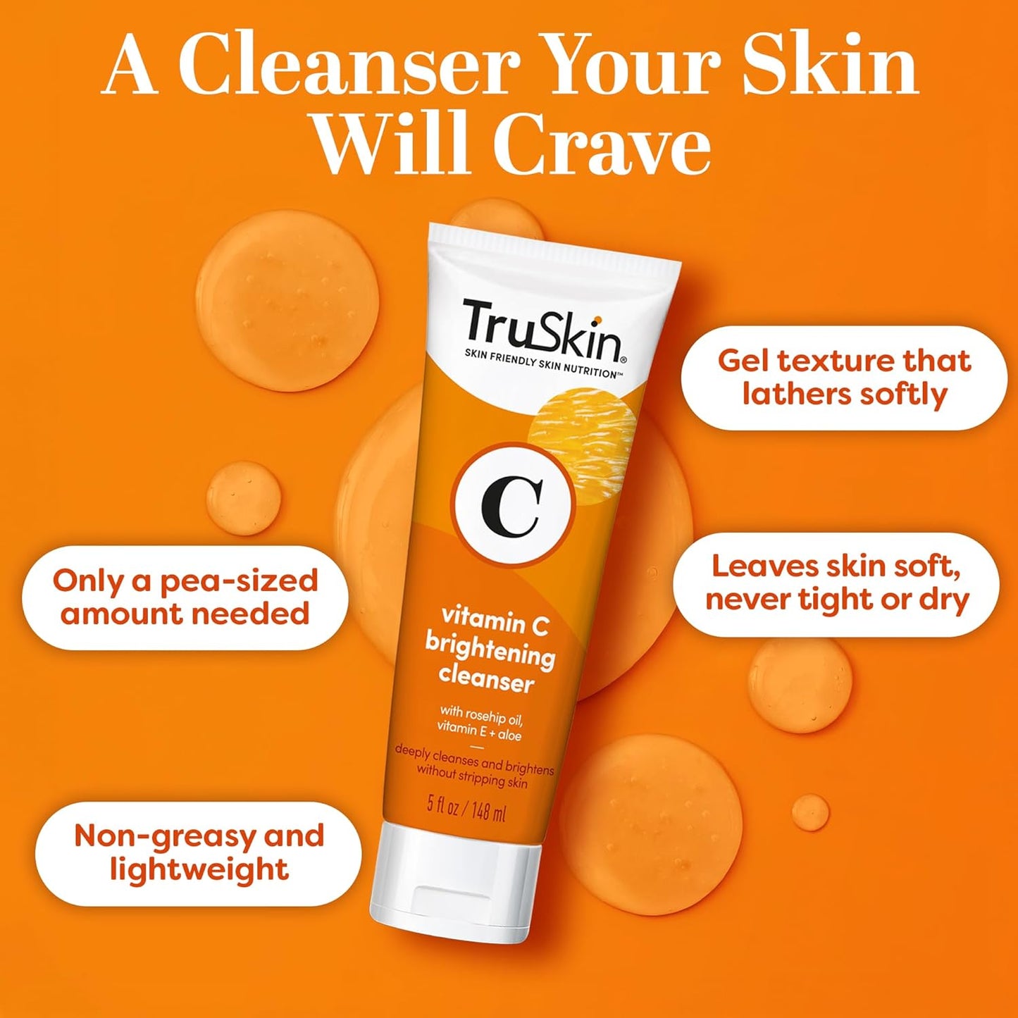 TruSkin Vitamin C Cleanser for Face - Brightening Face Wash with Vitamins C & E, Rosehip Oil, Aloe Vera and MSM - Deep Clean and Refresh for Radiant, Healthy-Looking Skin, 5 fl oz-FemmiqueWomen