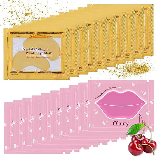 20 Pieces Lip Masks&24K Gold Gel Eye Masks,Crystal Collagen Under Eye Masks,Moisturizing Cherry Lip Patches Skin Care,Reducing Fine Lines & Dark Circle for Puffy Eyes,Birthday for Women-FemmiqueWomen