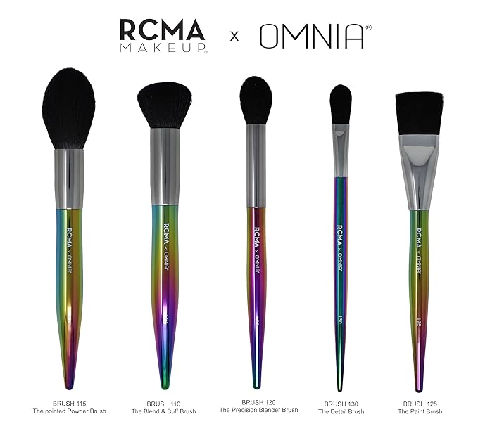 RCMA Makeup x Omnia Professional Makeup Brush 5pc Set, Premium Synthetic Fiber, Iridescent Acrylic Handle, Face Powders, Complexion and Foundation Blending Application Brush set.-FemmiqueWomen