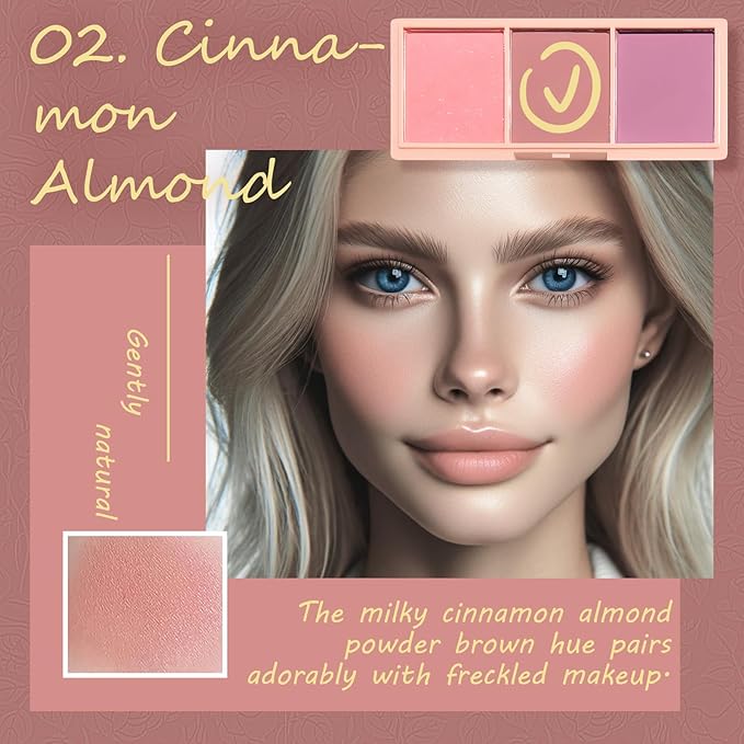 3 Color Matte Pink Blush Palette with Brush, Long Lasting Cheek Makeup, Light and Smooth Blush Powder for Face Beauty-FemmiqueWomen