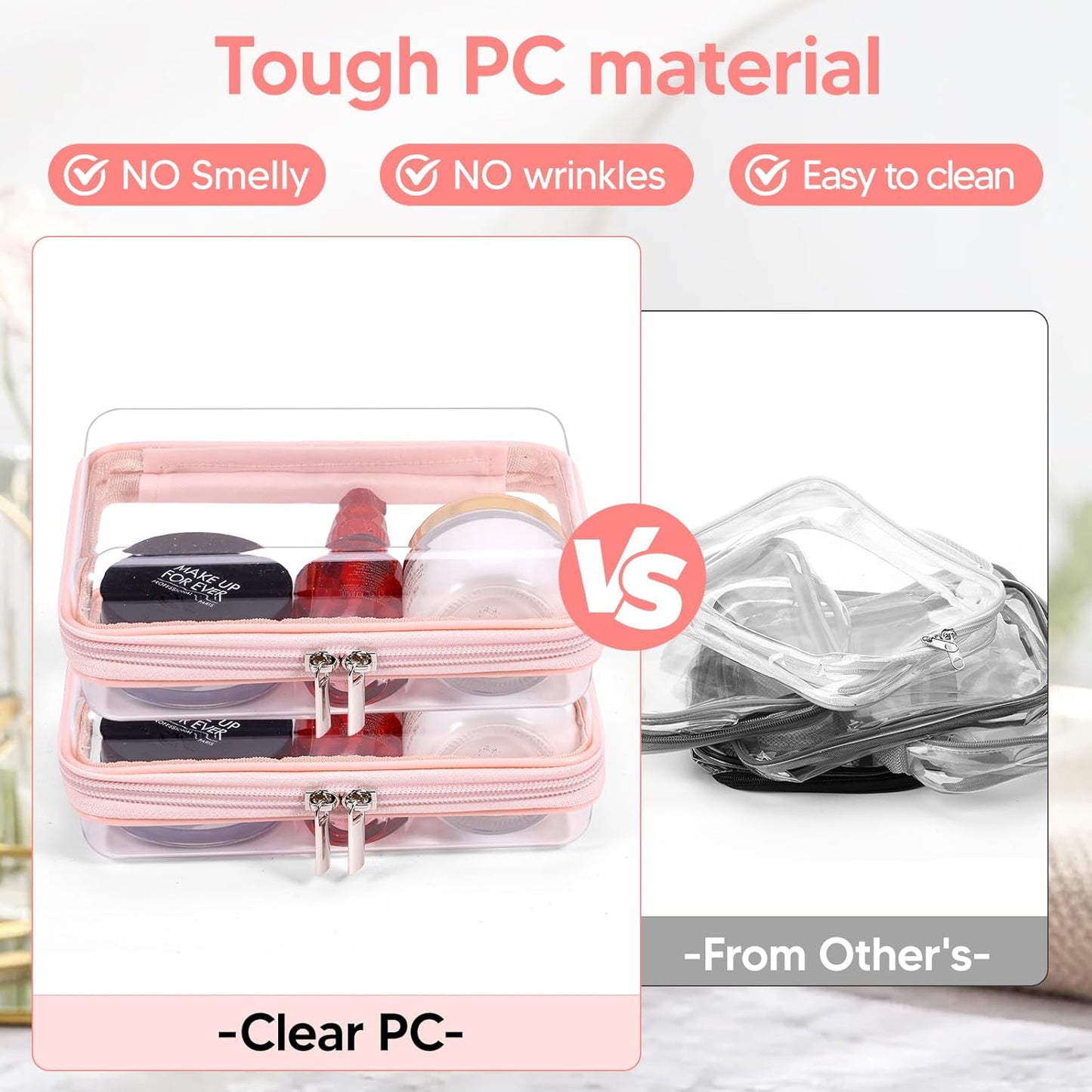 2 Pcs Clear Hard Zipper Case, Hard PC Plastic Cosmetic Travel Bag, Portable Travel Organizer Bins, Durable Makeup Bags for Toy Storage, Pencil Case(Pink Zipper)-FemmiqueWomen