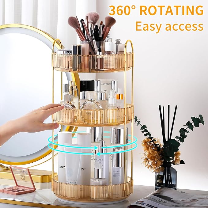 360° Rotating Makeup Organizer, Large-Capacity Skincare Make Up Storage 3 Tier Perfume Organizers Cosmetic Dresser Organizer with Makeup Brush Holder, Fits Bedroom, Bathroom, Vanity Shelf Countertop-FemmiqueWomen
