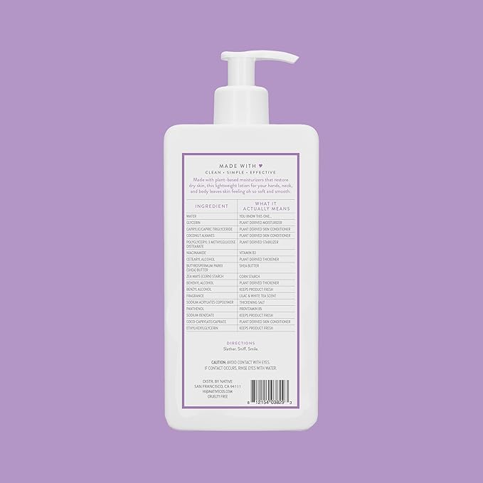 Native Body Lotion Contains Naturally Derived Plant-Based Moisturizers for Women and Men | Restores Dry Skin, Lilac & White Tea, 16.5 fl oz-FemmiqueWomen