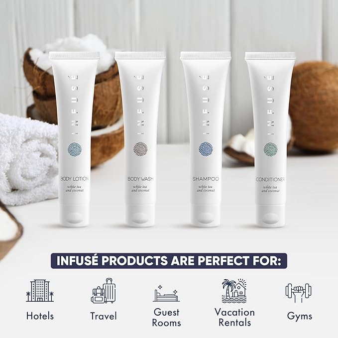 Infuse White Tea & Coconut Hotel Toiletries Bulk Set | 1-Shoppe Amenities Kit | 1oz Shampoo & Conditioner, Body Wash, Lotion | Travel Size | 80 Pieces-FemmiqueWomen