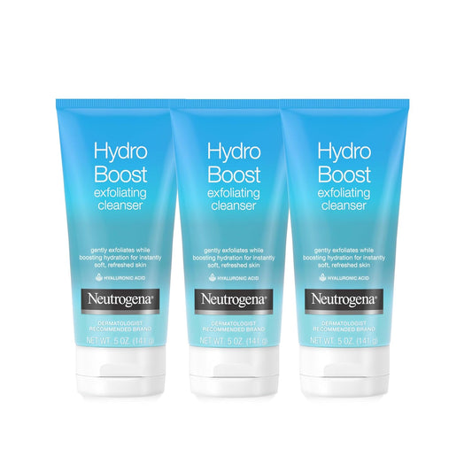 Neutrogena Hydro Boost Gentle Exfoliating Daily Facial Cleanser with Hyaluronic Acid, Clinically Proven to Increase Skin's Hydration Level, Non-Comedogenic Oil-, Soap- & Paraben-Free, 5 Oz, 3 Pack-FemmiqueWomen