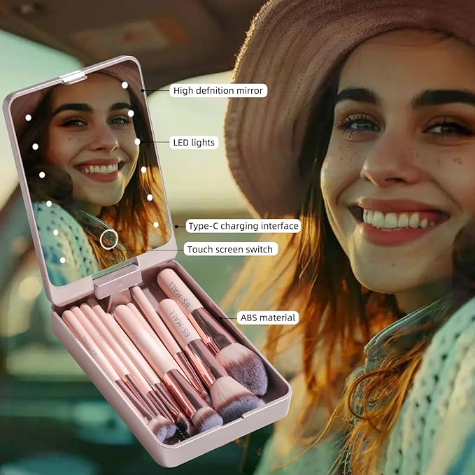 BS-MALL Makeup Brushes Foundation Powder Concealers Eye Shadows Makeup Set with LED light Mirror 14 Pcs Mini Makeup Brushes (APINK)-FemmiqueWomen